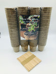 Pack of 100 biodegradable plant pots including 50 FREE wooden plant markers. 6cm round. Ideal for planting seeds, seedlings and cuttings with no repotting. 100% Sphagnum peat becomes completely integrated with the root system and is transplanted with the plant protecting the sensitive young seedlings from transplant shock.