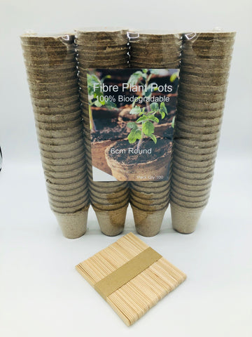 Pack of 100 biodegradable plant pots including 50 FREE wooden plant markers. 6cm round. Ideal for planting seeds, seedlings and cuttings with no repotting. 100% Sphagnum peat becomes completely integrated with the root system and is transplanted with the plant protecting the sensitive young seedlings from transplant shock.